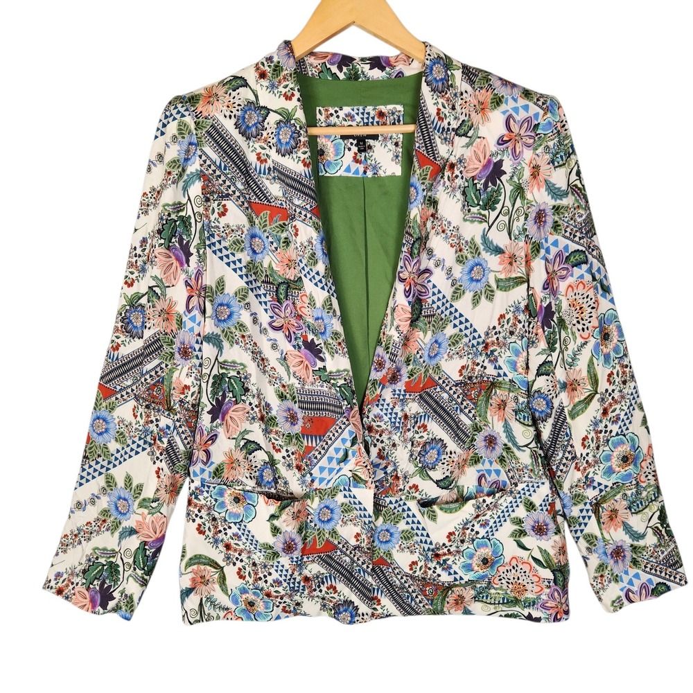 Drew Floral Blazer Women's M Multicolor Geometric Single Button Maximalism Artsy